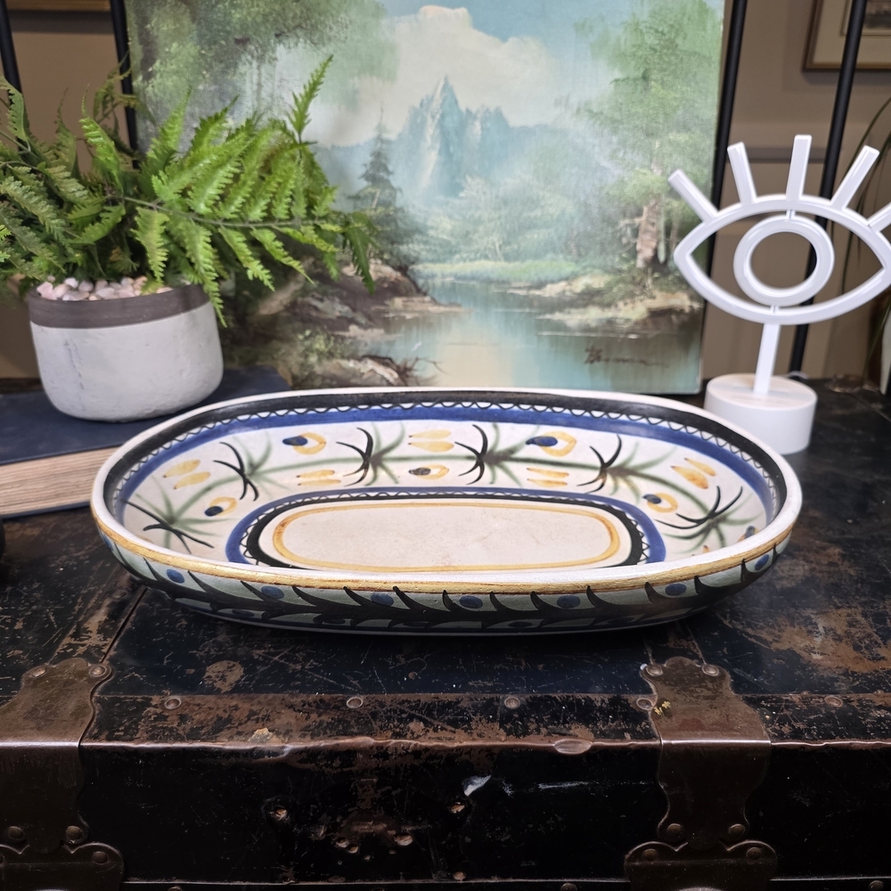 Vintage Hand Painted Oval Ceramic Serving Dish Tropical Palm Leaf Art Pottery